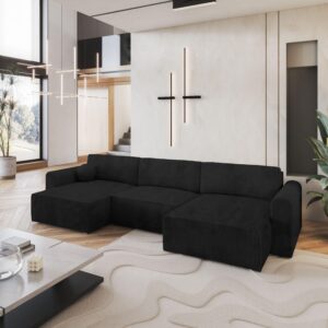wohnli-moebel-suche-800000944967-1 WOHNLANDSCHAFT FENTO P Schwarz Kordstoff mit Schlaffunktion Textil MASSENO Möbel > Sofas & Couches > Wohnlandschaften > Wohnlandschaften U-Form Schwarz