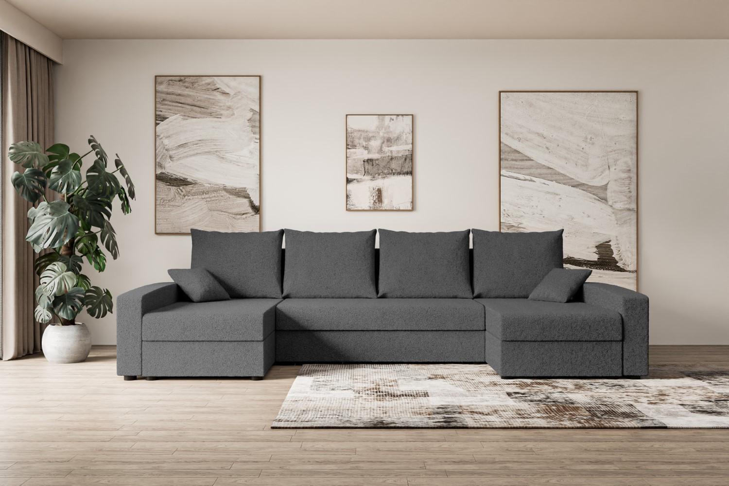 WOHNLANDSCHAFT mit Schlaffunktion und Bettkasten ALESIA-U 301x140x90 cm Grau Bouclé Textil ALTDECOR Möbel > Sofas & Couches > Wohnlandschaften > Wohnlandschaften U-Form Grau