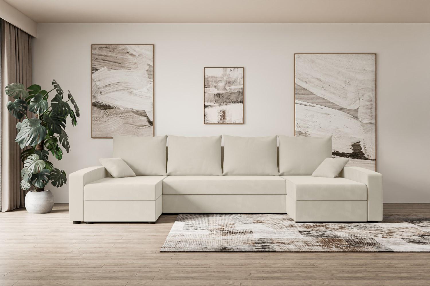 WOHNLANDSCHAFT mit Schlaffunktion und Bettkasten ALESIA-U 301x140x90 cm Beige Velours Textil ALTDECOR Möbel > Sofas & Couches > Wohnlandschaften > Wohnlandschaften U-Form Beige
