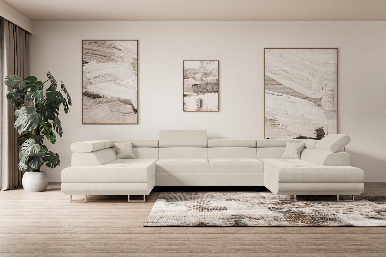 wohnli-moebel-suche-800000949361-1 WOHNLANDSCHAFT mit Schlaffunktion und Bettkasten GUSA-U 342x202x107 cm Beige Velours Textil ALTDECOR Möbel > Sofas & Couches > Wohnlandschaften > Wohnlandschaften U-Form Beige