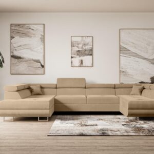 WOHNLANDSCHAFT mit Schlaffunktion und Bettkasten GUSA-U 342x202x107 cm Beige Velours Textil ALTDECOR Möbel > Sofas & Couches > Wohnlandschaften > Wohnlandschaften U-Form Beige