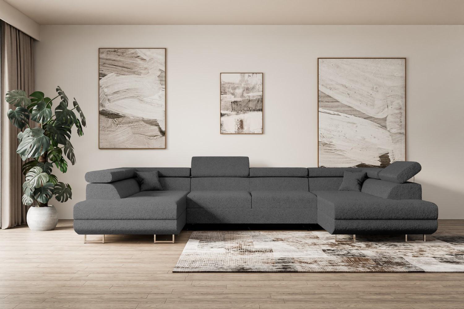 wohnli-moebel-suche-800000949375-1 WOHNLANDSCHAFT mit Schlaffunktion und Bettkasten GUSA-U 342x202x107 cm Grau Bouclé Textil ALTDECOR Möbel > Sofas & Couches > Wohnlandschaften > Wohnlandschaften U-Form Grau