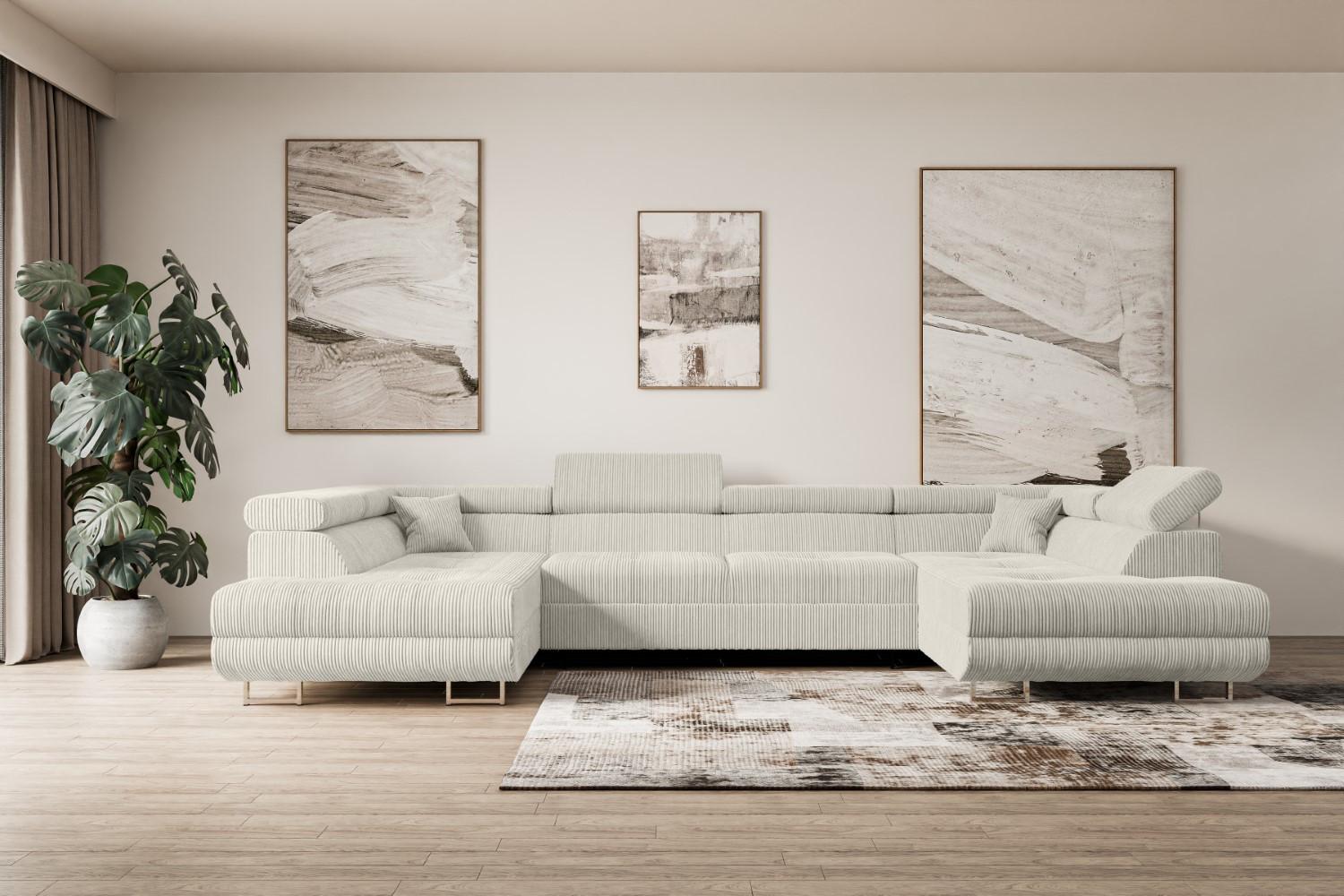 WOHNLANDSCHAFT mit Schlaffunktion und Bettkasten GUSA-U 342x202x107 cm Creme Cord Textil ALTDECOR Möbel > Sofas & Couches > Wohnlandschaften > Wohnlandschaften U-Form Weiß