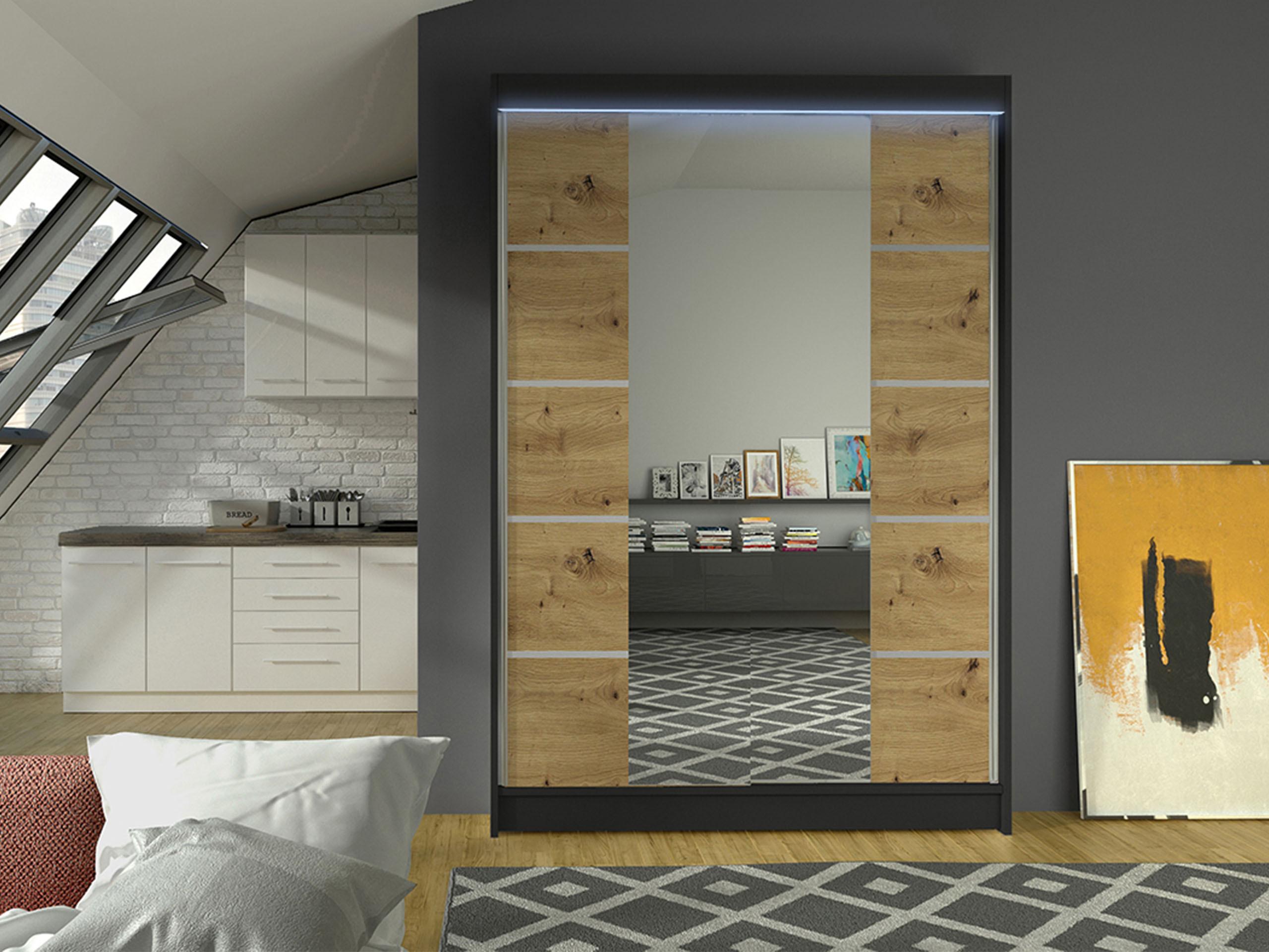 SCHWEBETÜRENSCHRANK Lino V mit RGB LED Beleuchtung Holzwerkstoff MIRJAN24 Möbel > Schränke > Kleiderschränke > Schwebetürenschränke Schwarz