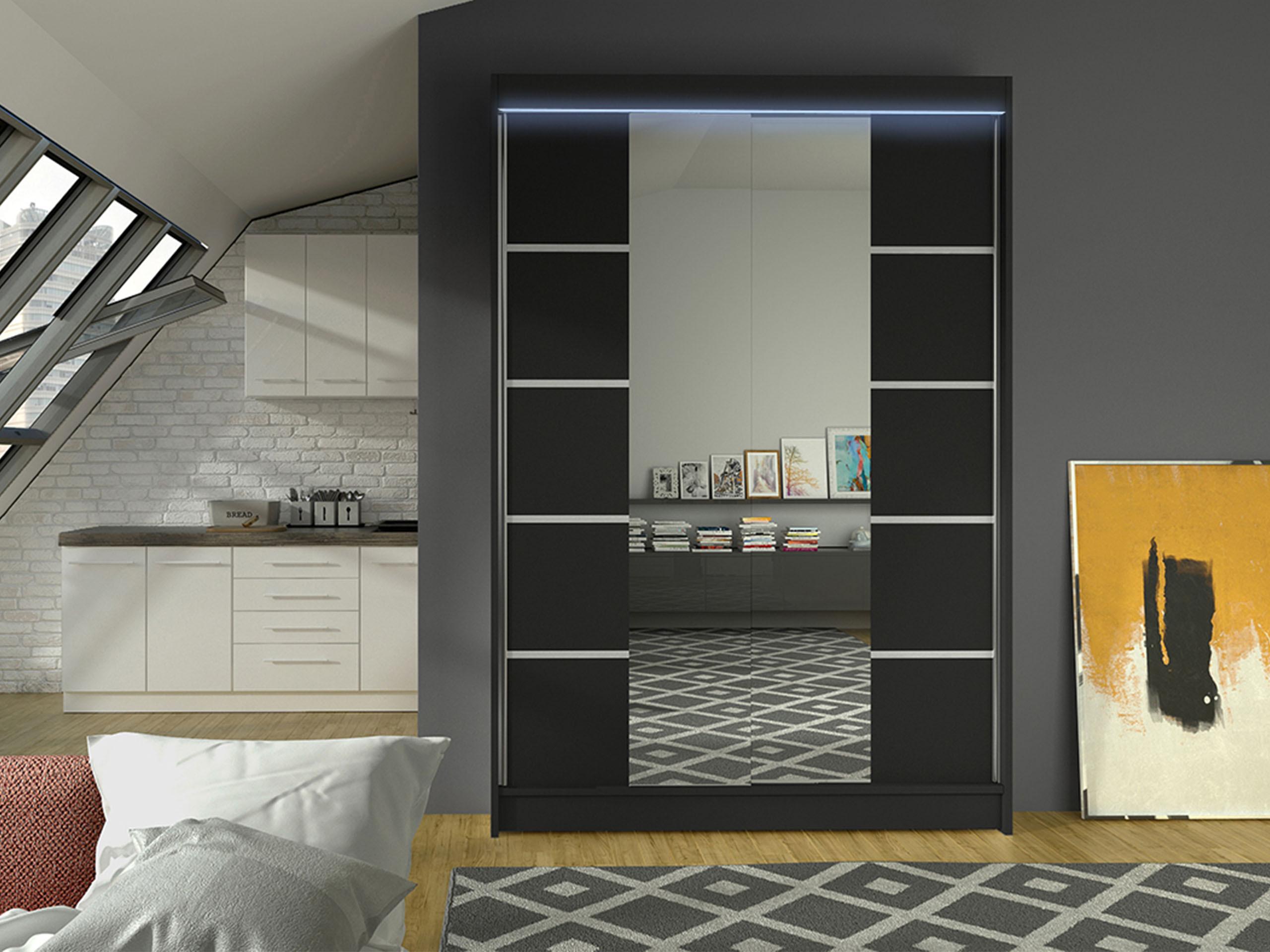 SCHWEBETÜRENSCHRANK Lino V mit RGB LED Beleuchtung Holzwerkstoff MIRJAN24 Möbel > Schränke > Kleiderschränke > Schwebetürenschränke Schwarz