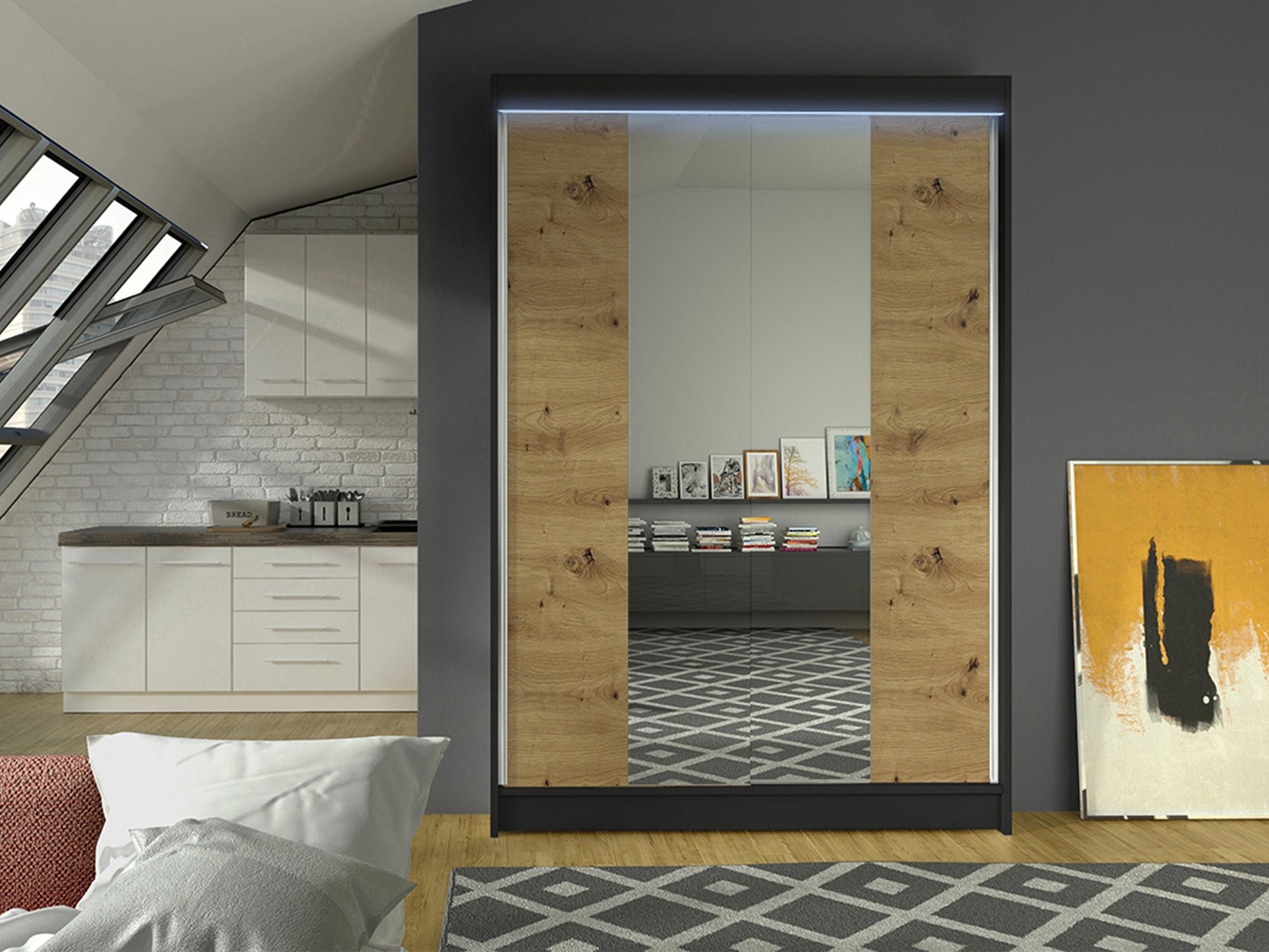 SCHWEBETÜRENSCHRANK Lino II mit RGB LED Beleuchtung Holzwerkstoff MIRJAN24 Möbel > Schränke > Kleiderschränke > Schwebetürenschränke Schwarz