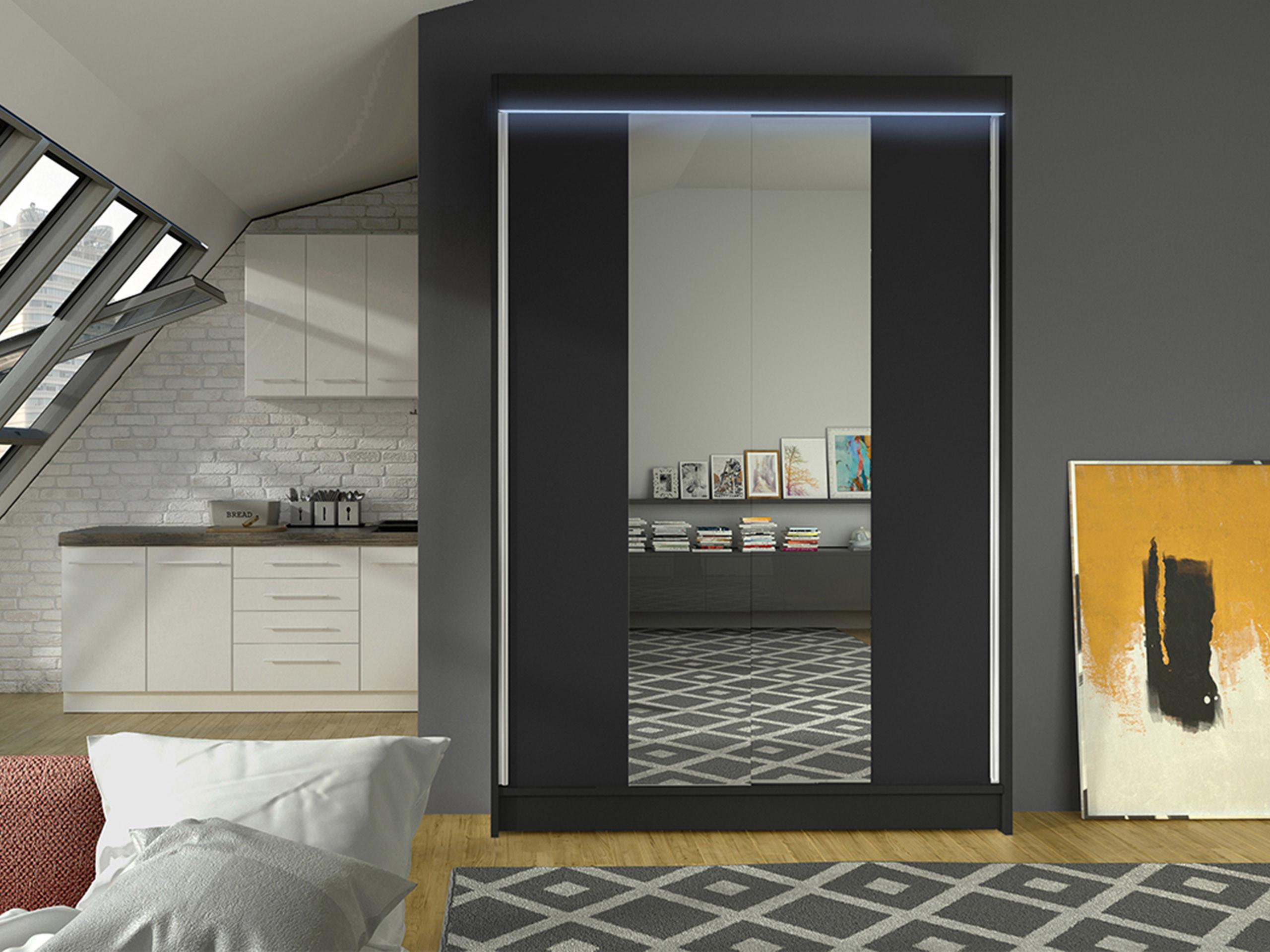 SCHWEBETÜRENSCHRANK Lino II mit RGB LED Beleuchtung Holzwerkstoff MIRJAN24 Möbel > Schränke > Kleiderschränke > Schwebetürenschränke Schwarz
