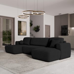 WOHNLANDSCHAFT SENTUM N Schwarz Boucle-Stoff mit Schlaffunktion Textil MASSENO Möbel > Sofas & Couches > Wohnlandschaften > Wohnlandschaften U-Form Schwarz