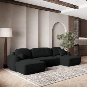 WOHNLANDSCHAFT SAVONA K Schwarz Plüsch-Stoff mit Schlaffunktion Textil MASSENO Möbel > Sofas & Couches > Wohnlandschaften > Wohnlandschaften U-Form Schwarz