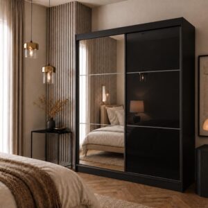 wohnli-moebel-suche-800000977854-1 SCHWEBETÜRENSCHRANK Viva II 200/216/61 schwarz mit Spiegel und Schubladen Holzwerkstoff Beautysofa Möbel > Schränke > Kleiderschränke > Schwebetürenschränke Schwarz