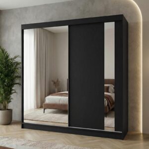 wohnli-moebel-suche-800000977880-1 SCHWEBETÜRENSCHRANK Gaja II 200/216/61 schwarz mit Spiegel und Schubladen Holzwerkstoff Beautysofa Möbel > Schränke > Kleiderschränke > Schwebetürenschränke Schwarz