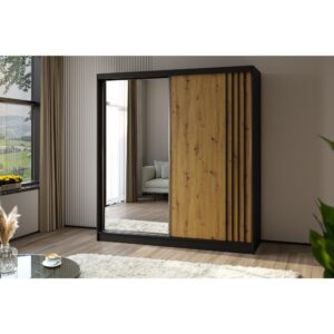 SCHWEBETÜRENSCHRANK Nela II 200/216/61 schwarz mit Schubladen Holzwerkstoff Beautysofa Möbel > Schränke > Kleiderschränke > Schwebetürenschränke Schwarz