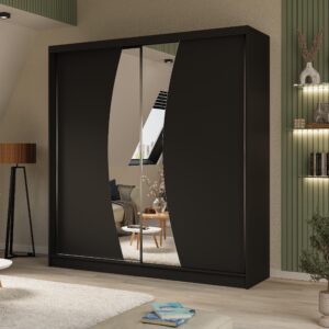 wohnli-moebel-suche-800000977960-1 SCHWEBETÜRENSCHRANK Vox II 200/216/61 schwarz mit Spiegel und Schubladen Holzwerkstoff Beautysofa Möbel > Schränke > Kleiderschränke > Schwebetürenschränke Schwarz
