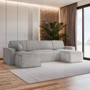 wohnli-moebel-suche-800000985207-1 WOHNLANDSCHAFT PESANO T Hellgrau Kordstoff mit Schlaffunktion Textil MASSENO Möbel > Sofas & Couches > Wohnlandschaften > Wohnlandschaften U-Form Grau