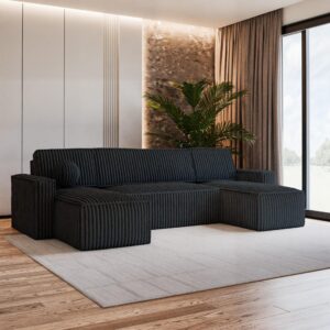 wohnli-moebel-suche-800000985214-1 WOHNLANDSCHAFT PESANO T Schwarz Kordstoff mit Schlaffunktion Textil MASSENO Möbel > Sofas & Couches > Wohnlandschaften > Wohnlandschaften U-Form Schwarz