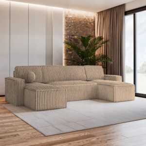WOHNLANDSCHAFT PESANO T Beige Kordstoff mit Schlaffunktion Textil MASSENO Möbel > Sofas & Couches > Wohnlandschaften > Wohnlandschaften U-Form Beige