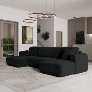 wohnli-moebel-suche-800000985225-1 WOHNLANDSCHAFT SENTUM K Schwarz Plüsch-Stoff mit Schlaffunktion Textil MASSENO Möbel > Sofas & Couches > Wohnlandschaften > Wohnlandschaften U-Form Schwarz
