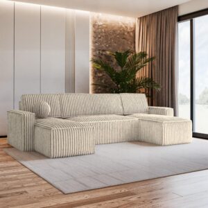 WOHNLANDSCHAFT PESANO T Creme Kordstoff mit Schlaffunktion Textil MASSENO Möbel > Sofas & Couches > Wohnlandschaften > Wohnlandschaften U-Form Weiß