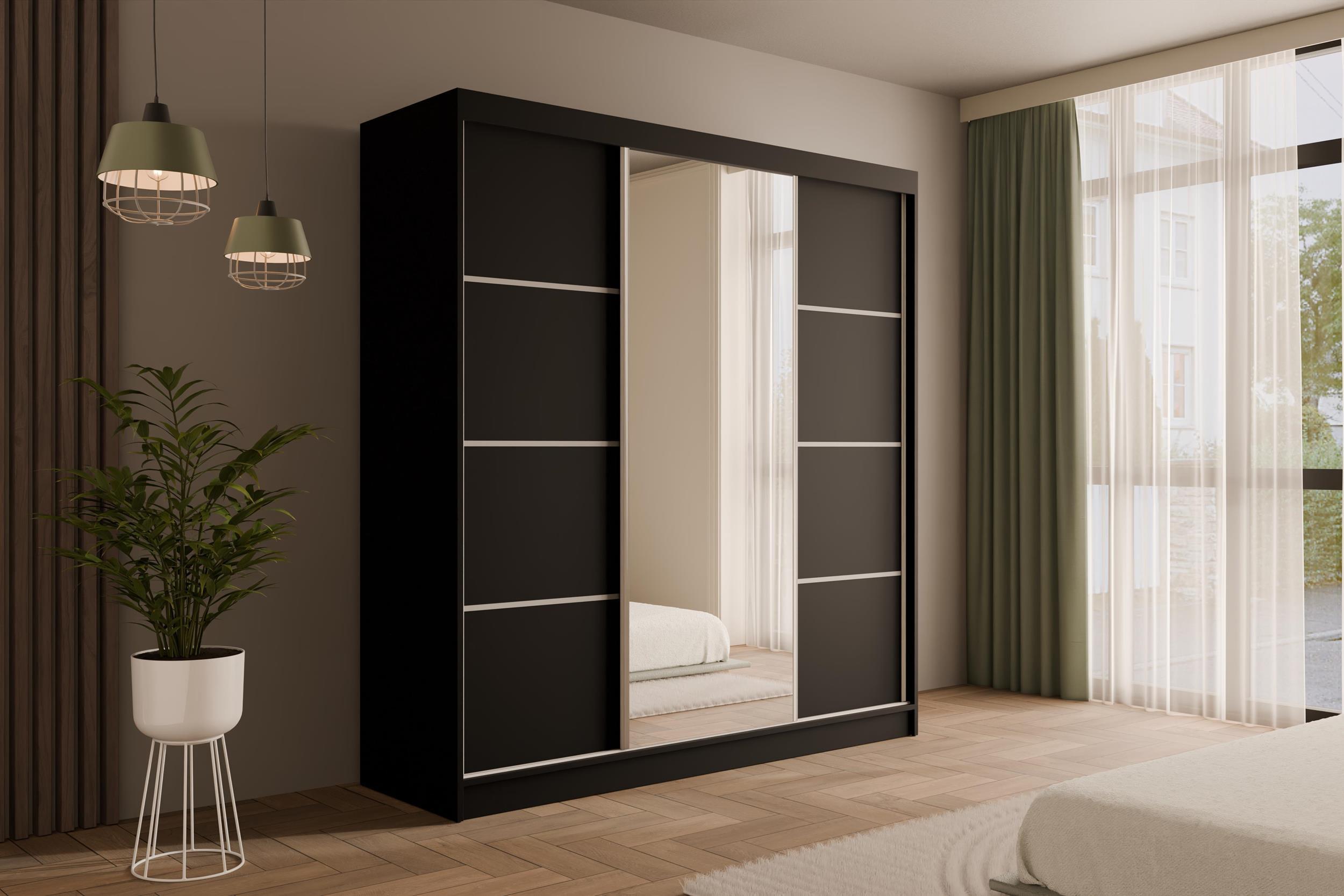 wohnli-moebel-suche-800000993348-1 KLEIDERSCHRANK mit Spiegel V2-LOFTIA 215x200 cm Schwarz Holzwerkstoff ALTDECOR Möbel > Schränke > Kleiderschränke Schwarz