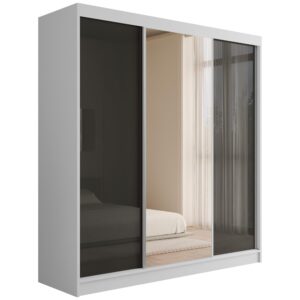 Wohnli Möbelsuche - KLEIDERSCHRANK mit Spiegel V2-VITA 215x200 cm - Weiß|Grau
