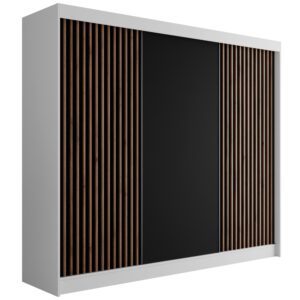 Wohnli Möbelsuche - KLEIDERSCHRANK mit Lamel-Schiebetüren VILANv2 - 250 cm Weiß + Lamelle Eiche Wotan