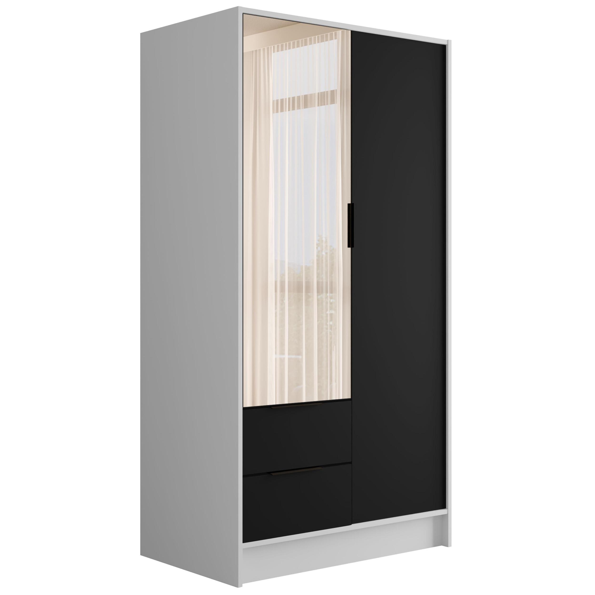 wohnli-moebel-suche-800000993380 Wohnli Möbelsuche - KLEIDERSCHRANK mit Spiegel und Flügeltüren KOLIN 100x200cm Weiß / Schwarz
