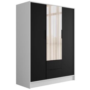 Wohnli Möbelsuche - KLEIDERSCHRANK mit Spiegel und Flügeltüren KOLIN 150x200cm Weiß / Schwarz