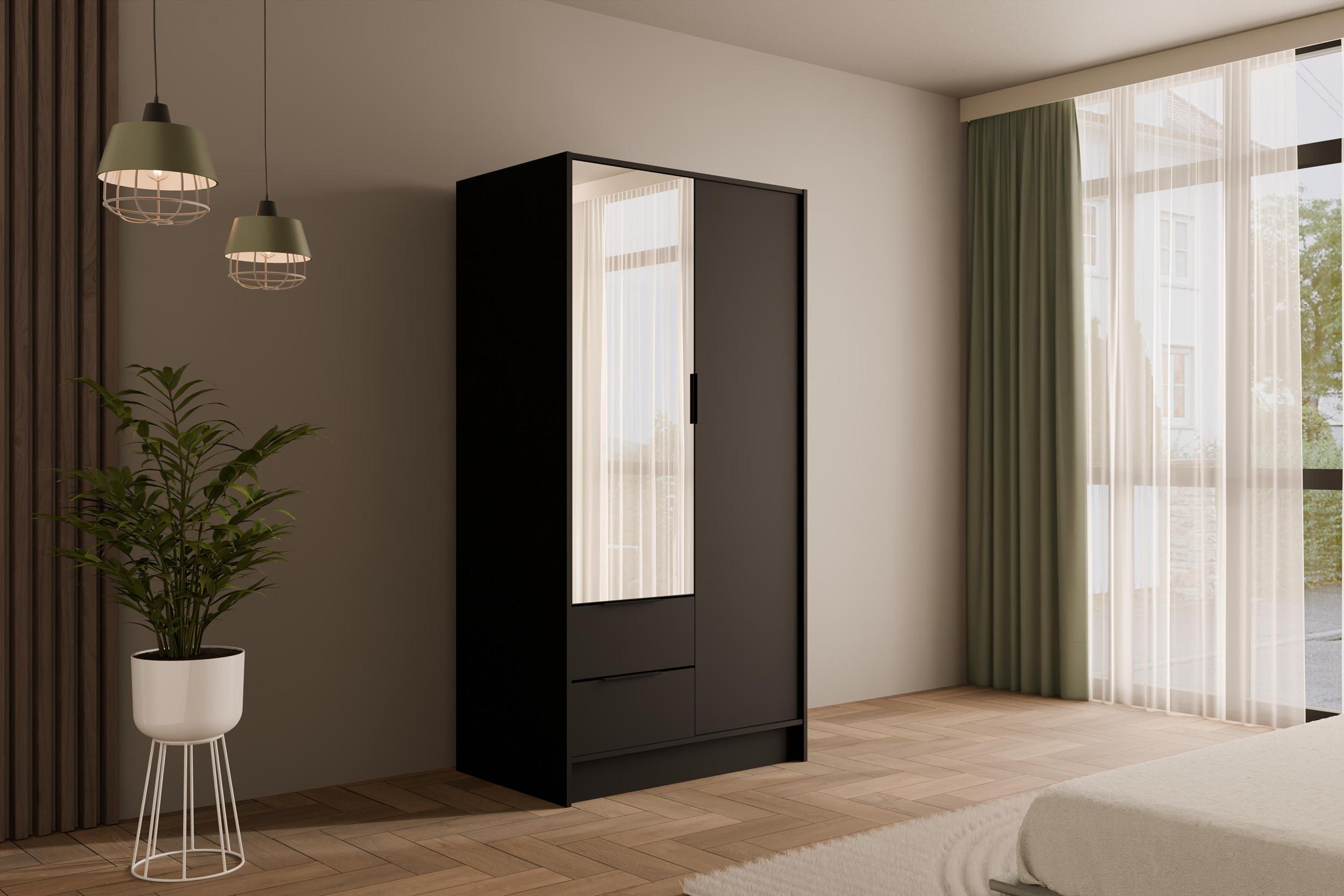 wohnli-moebel-suche-800000993392-1 KLEIDERSCHRANK mit Spiegel und Flügeltüren KOLIN 100x200cm Schwarz Holzwerkstoff ALTDECOR Möbel > Schränke > Kleiderschränke Schwarz