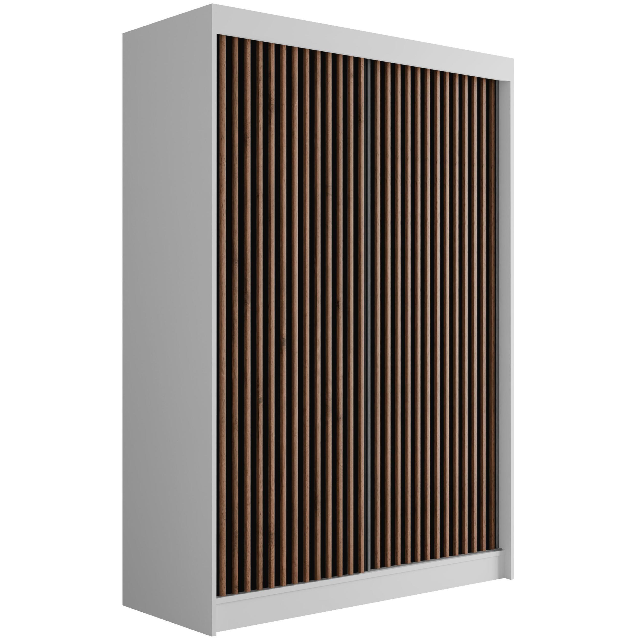 wohnli-moebel-suche-800000993418 Wohnli Möbelsuche - KLEIDERSCHRANK mit Lamel-Schiebetüren VILANv2 - 120 cm Weiß + Lamelle Eiche Wotan