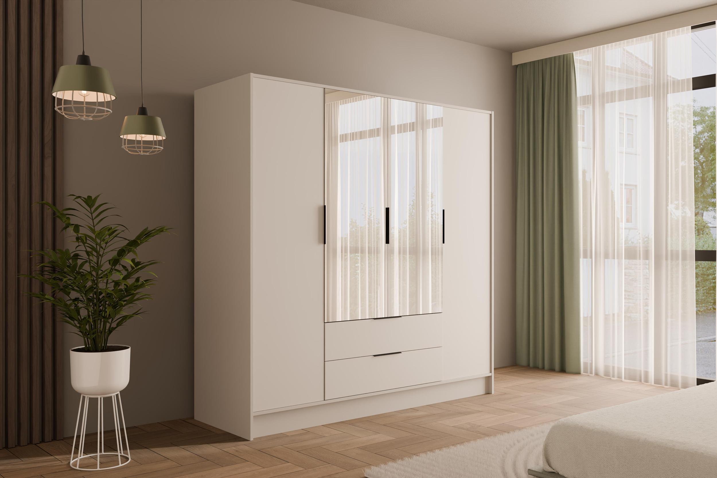 wohnli-moebel-suche-800000993419-1 KLEIDERSCHRANK mit Spiegel und Flügeltüren KOLIN 200x200cm Weiß/Weiß Holzwerkstoff ALTDECOR Möbel > Schränke > Kleiderschränke Weiß