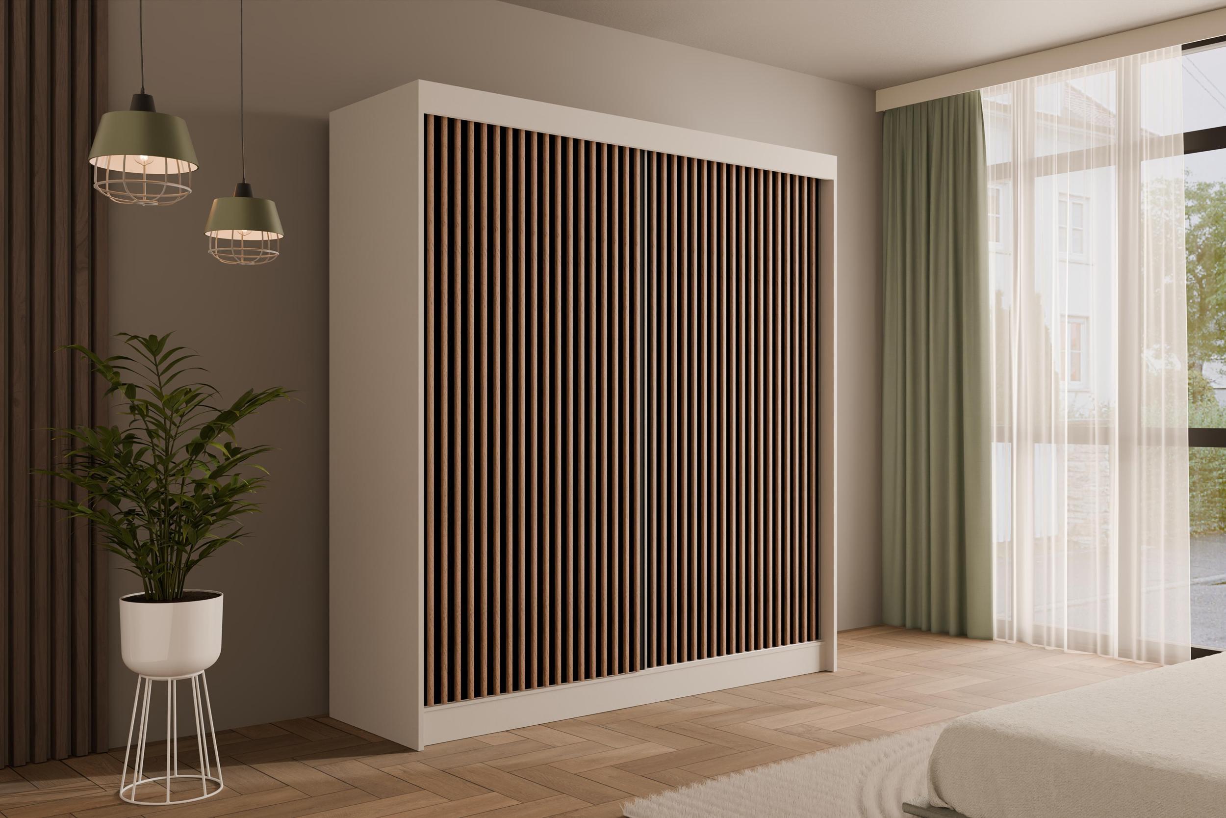 KLEIDERSCHRANK mit Lamel-Schiebetüren VILANv2 - 200 cm Weiß + Lamelle Eiche Wotan Holzwerkstoff ALTDECOR Möbel > Schränke > Kleiderschränke Weiß