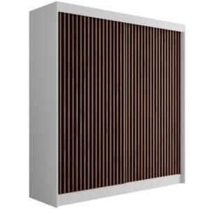 Wohnli Möbelsuche - KLEIDERSCHRANK mit Lamel-Schiebetüren VILANv2 - 200 cm Weiß + Lamelle Eiche Wotan