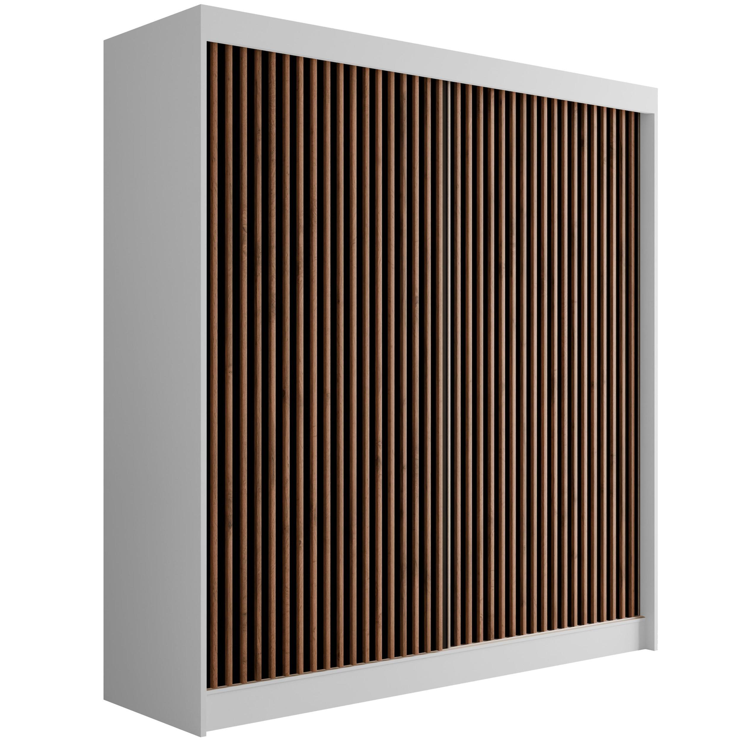 wohnli-moebel-suche-800000993422 Wohnli Möbelsuche - KLEIDERSCHRANK mit Lamel-Schiebetüren VILANv2 - 200 cm Weiß + Lamelle Eiche Wotan