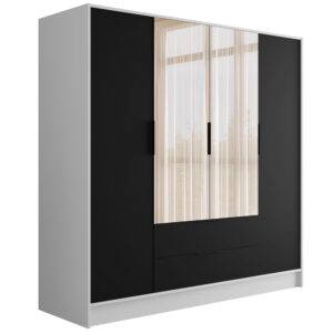 Wohnli Möbelsuche - KLEIDERSCHRANK mit Spiegel und Flügeltüren KOLIN 200x200cm Weiß / Schwarz