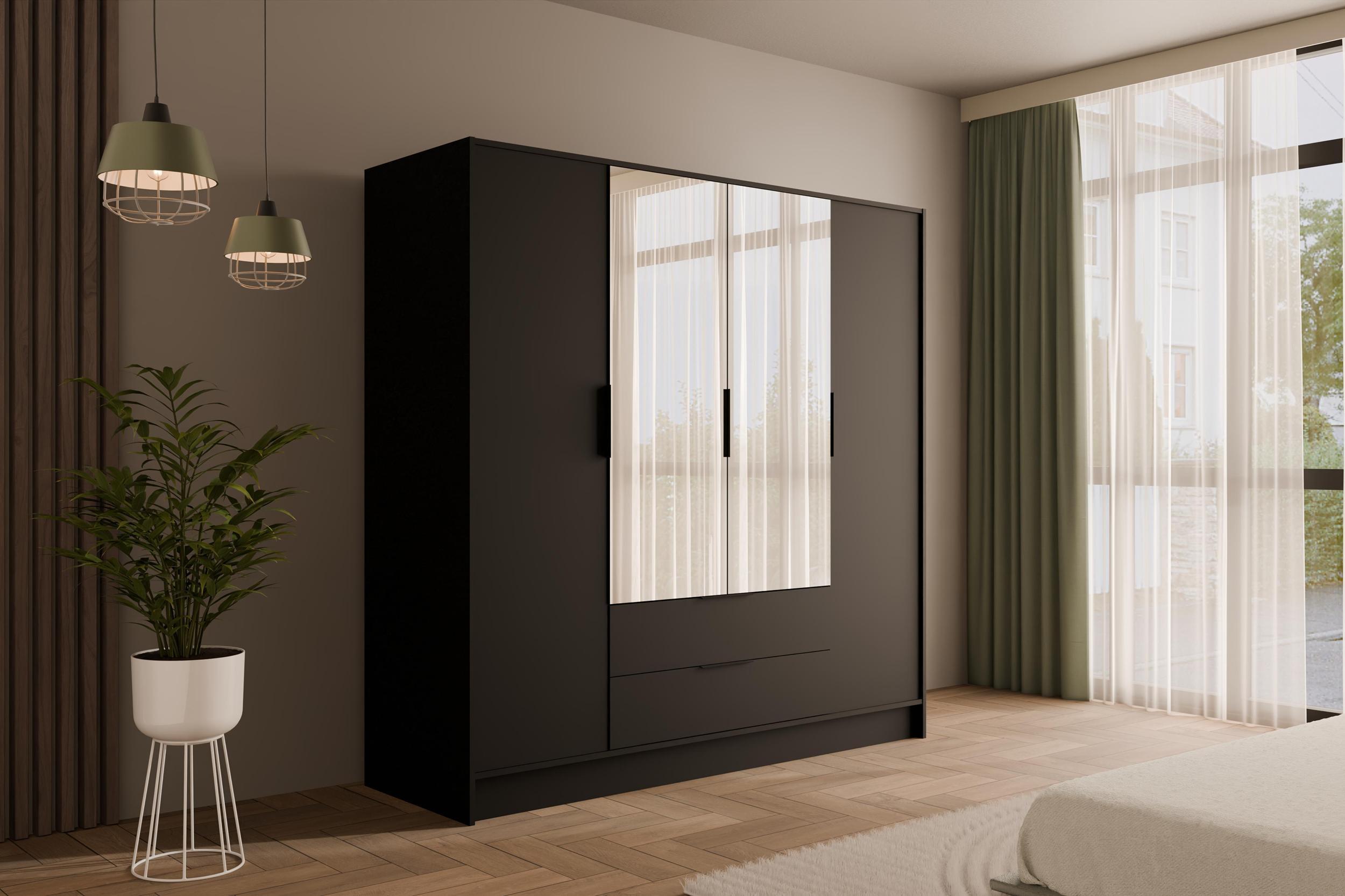 wohnli-moebel-suche-800000993435-1 KLEIDERSCHRANK mit Spiegel und Flügeltüren KOLIN 200x200cm Schwarz Holzwerkstoff ALTDECOR Möbel > Schränke > Kleiderschränke Schwarz