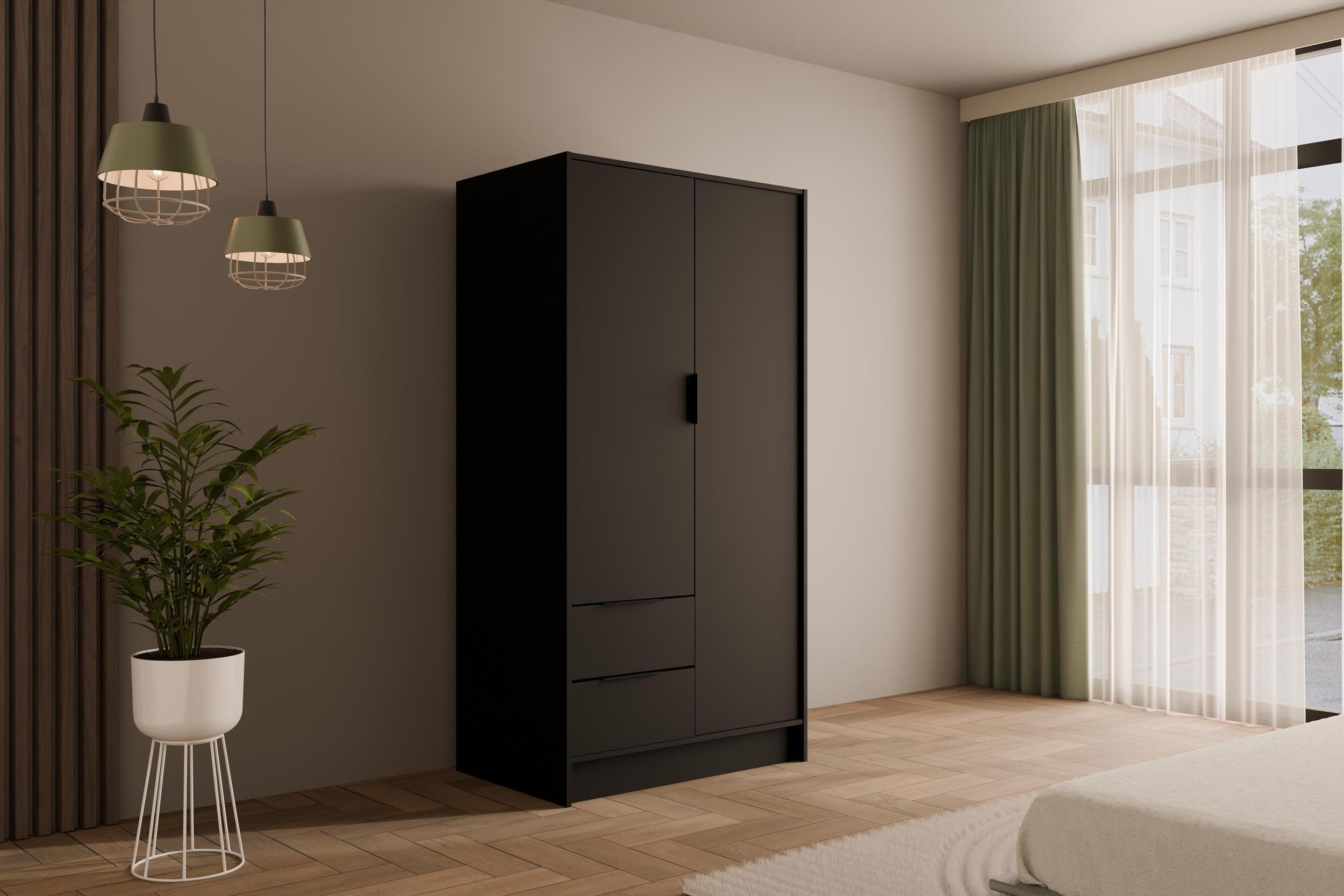 wohnli-moebel-suche-800000993440-1 KLEIDERSCHRANK mit Flügeltüren KOLIN 100x200cm Schwarz Holzwerkstoff ALTDECOR Möbel > Schränke > Kleiderschränke Schwarz