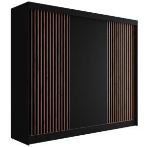 Wohnli Möbelsuche - KLEIDERSCHRANK mit Lamel-Schiebetüren VILANv2 - 250 cm Schwarz + Lamelle Eiche Wotan