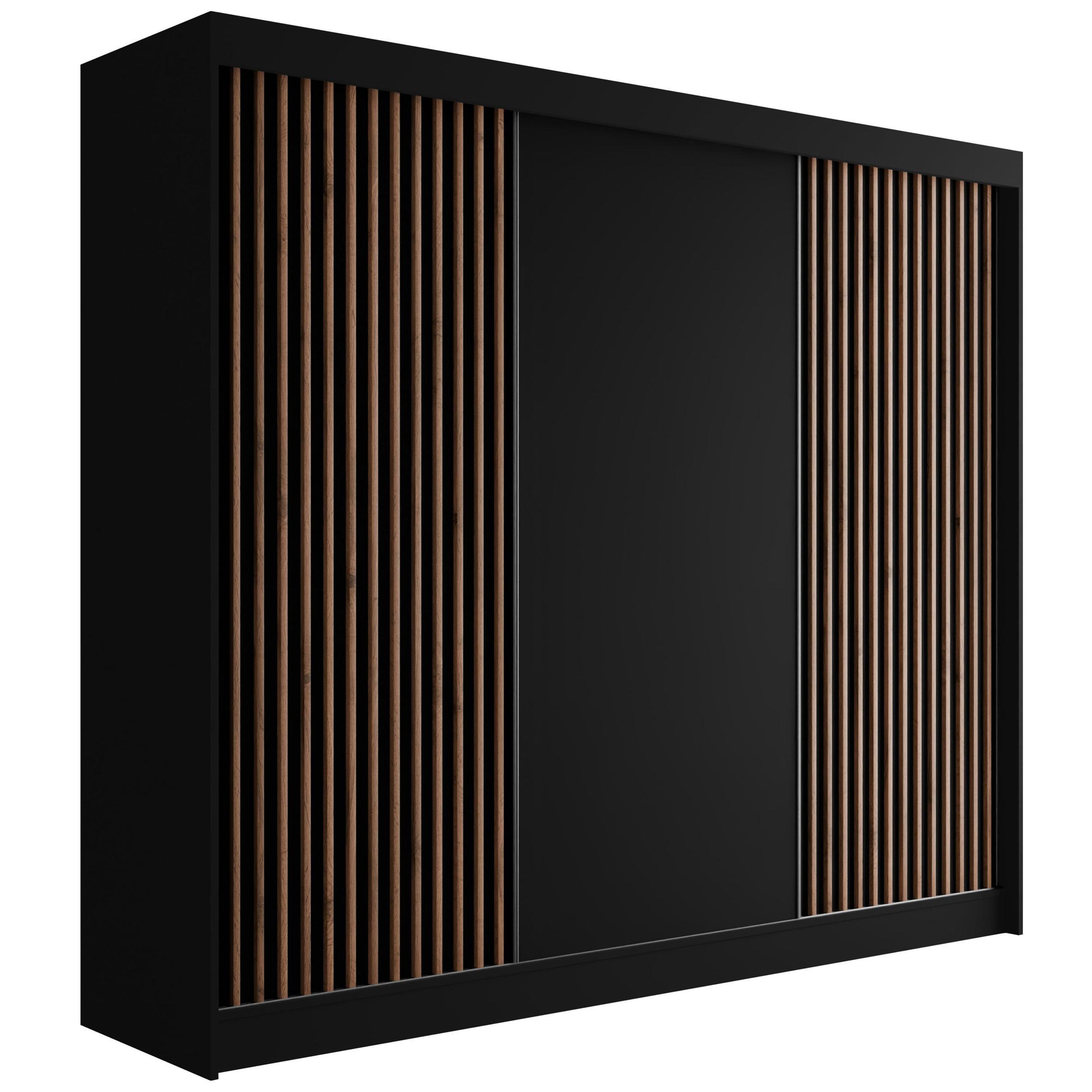 wohnli-moebel-suche-800000993441 Wohnli Möbelsuche - KLEIDERSCHRANK mit Lamel-Schiebetüren VILANv2 - 250 cm Schwarz + Lamelle Eiche Wotan