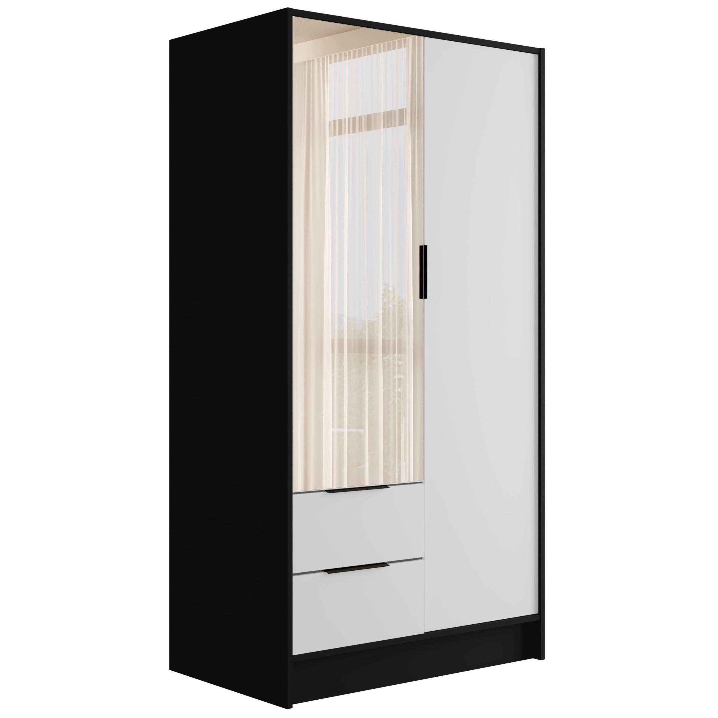 wohnli-moebel-suche-800000993444 Wohnli Möbelsuche - KLEIDERSCHRANK mit Spiegel und Flügeltüren KOLIN 100x200cm Schwarz / Weiß