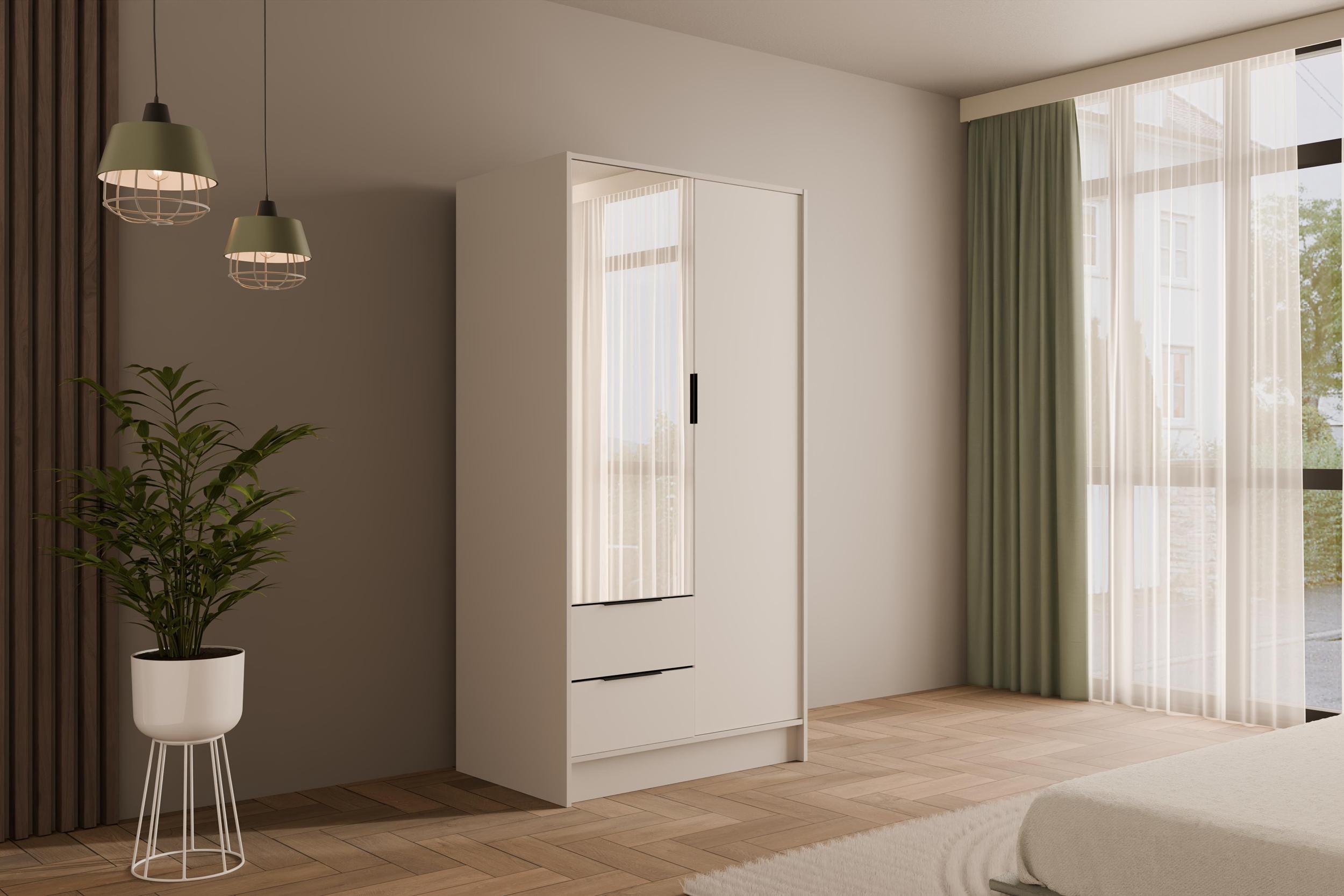 KLEIDERSCHRANK mit Spiegel und Flügeltüren KOLIN 100x200cm Weiß/Weiß Holzwerkstoff ALTDECOR Möbel > Schränke > Kleiderschränke Weiß