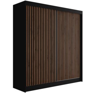 Wohnli Möbelsuche - KLEIDERSCHRANK mit Lamel-Schiebetüren VILANv2 - 200 cm Schwarz + Lamelle Eiche Wotan