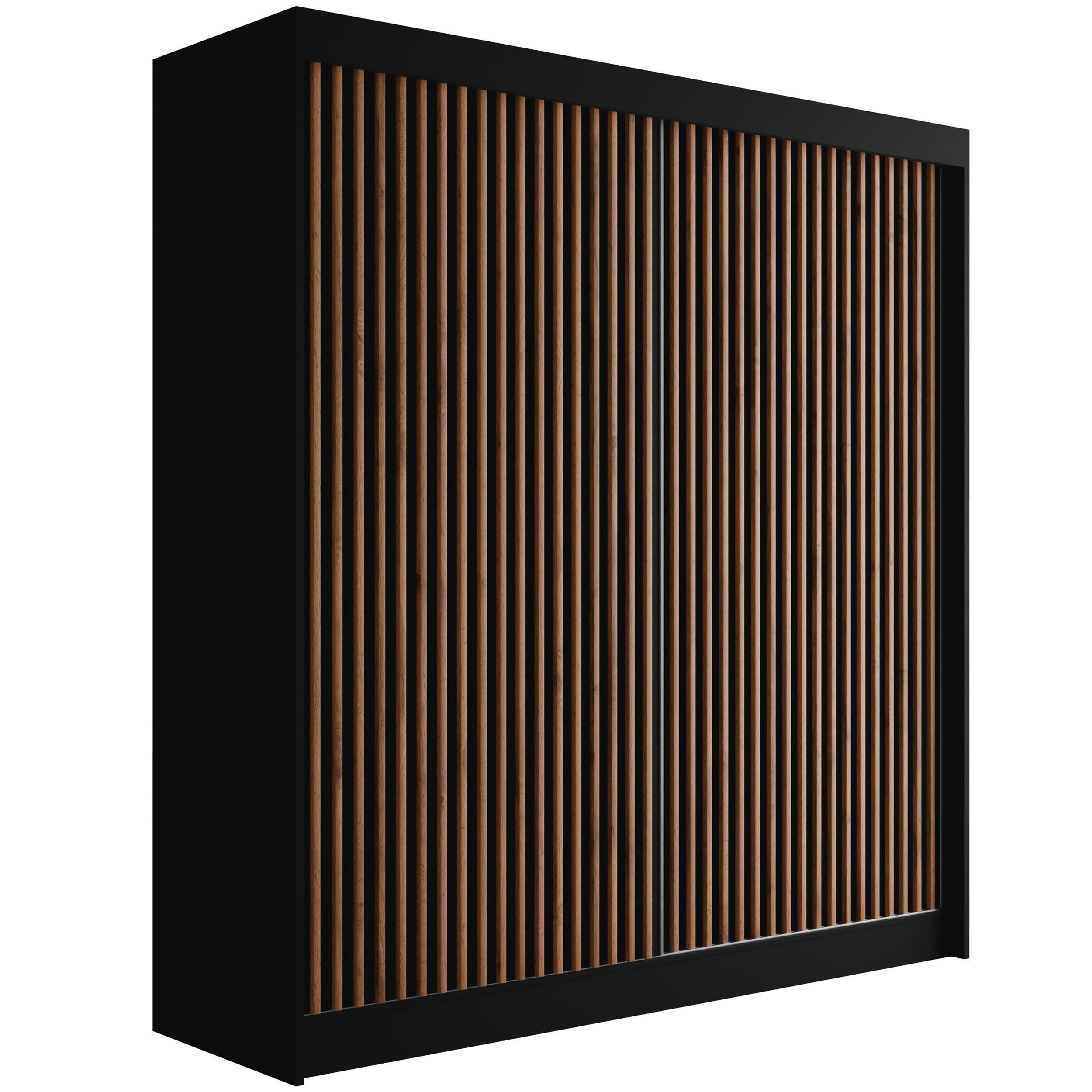 wohnli-moebel-suche-800000993449 Wohnli Möbelsuche - KLEIDERSCHRANK mit Lamel-Schiebetüren VILANv2 - 200 cm Schwarz + Lamelle Eiche Wotan