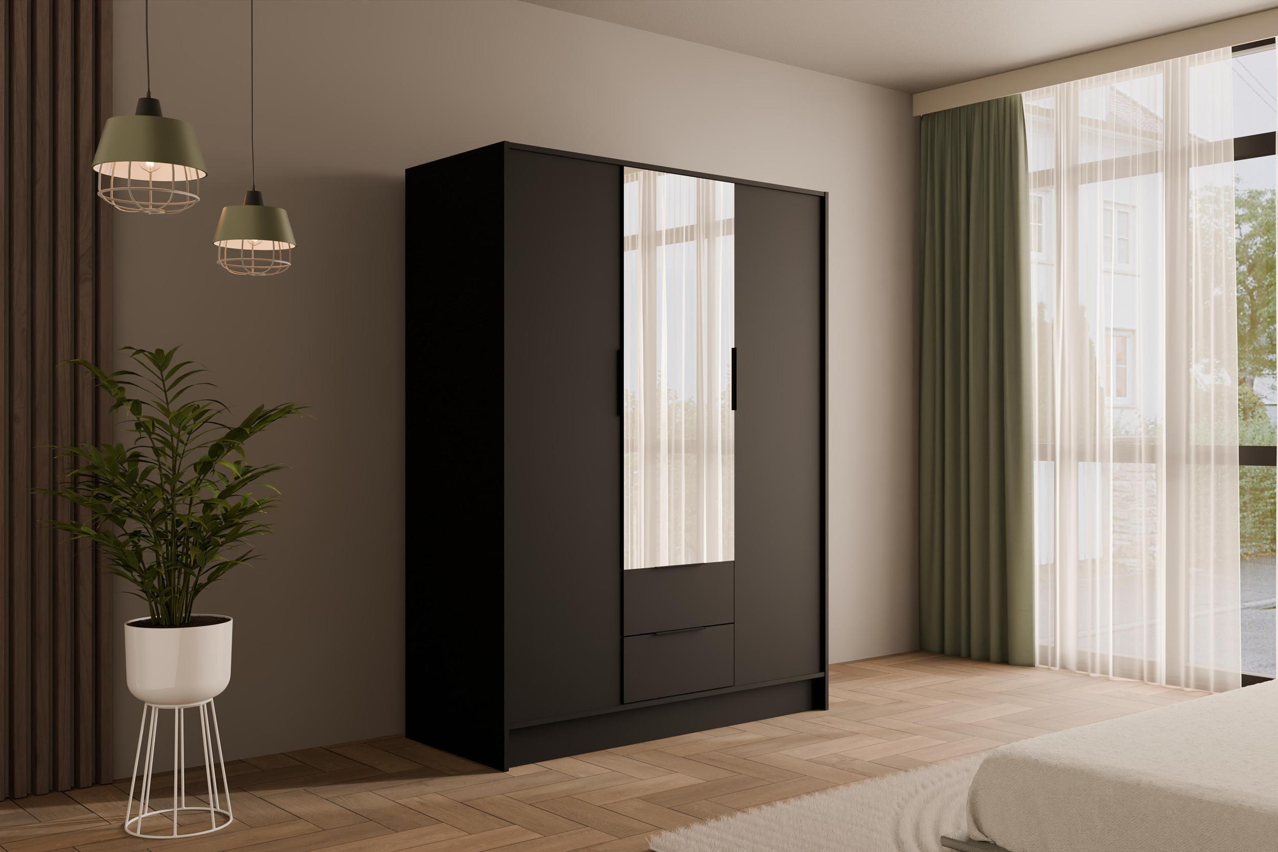 wohnli-moebel-suche-800000993453-1 KLEIDERSCHRANK mit Spiegel und Flügeltüren KOLIN 150x200cm Schwarz Holzwerkstoff ALTDECOR Möbel > Schränke > Kleiderschränke Schwarz