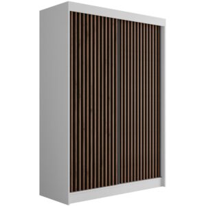 Wohnli Möbelsuche - KLEIDERSCHRANK mit Lamel-Schiebetüren VILANv2 - 150 cm Weiß + Lamelle Eiche Wotan