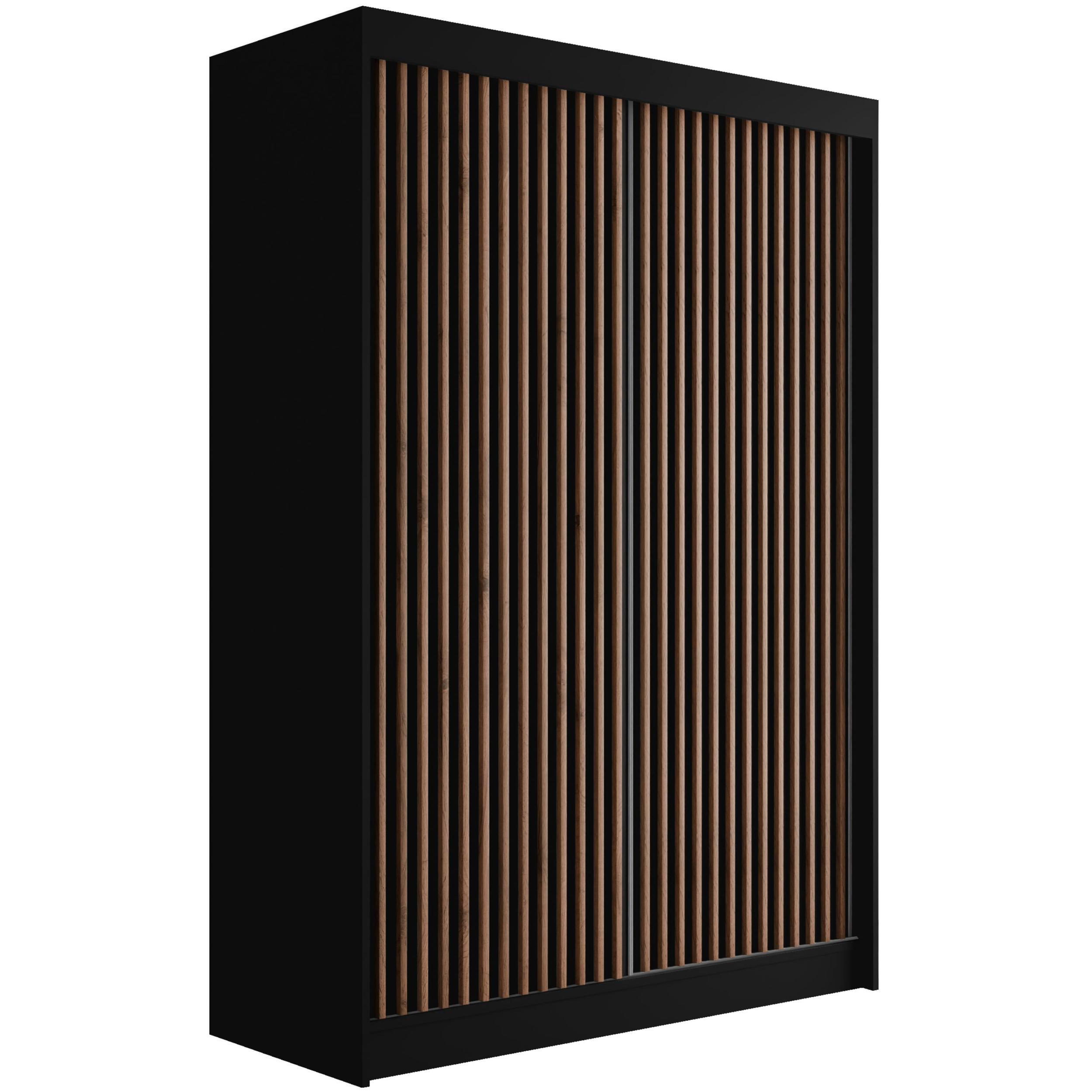 wohnli-moebel-suche-800000993465 Wohnli Möbelsuche - KLEIDERSCHRANK mit Lamel-Schiebetüren VILANv2 - 150 cm Schwarz + Lamelle Eiche Wotan