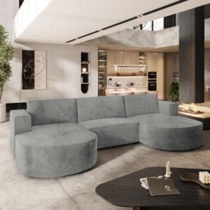 wohnli-moebel-suche-800000995684-1 WOHNLANDSCHAFT VEZZO M Hellgrau Velours-Stoff mit Schlaffunktion Holz MASSENO Möbel > Sofas & Couches > Wohnlandschaften > Wohnlandschaften U-Form Grau