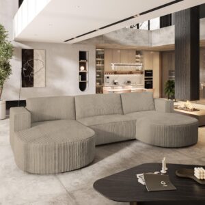 WOHNLANDSCHAFT VEZZO P Beige Kordstoff mit Schlaffunktion Textil MASSENO Möbel > Sofas & Couches > Wohnlandschaften > Wohnlandschaften U-Form Beige