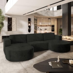 WOHNLANDSCHAFT VEZZO M Schwarz Velours-Stoff mit Schlaffunktion Holz MASSENO Möbel > Sofas & Couches > Wohnlandschaften > Wohnlandschaften U-Form Schwarz