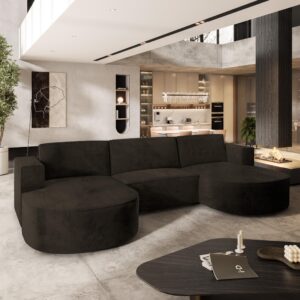 WOHNLANDSCHAFT VEZZO M Braun Velours-Stoff mit Schlaffunktion Holz MASSENO Möbel > Sofas & Couches > Wohnlandschaften > Wohnlandschaften U-Form Braun