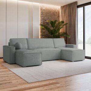 WOHNLANDSCHAFT PESANO M Grau Velours-Stoff mit Schlaffunktion Holz MASSENO Möbel > Sofas & Couches > Wohnlandschaften > Wohnlandschaften U-Form Grau